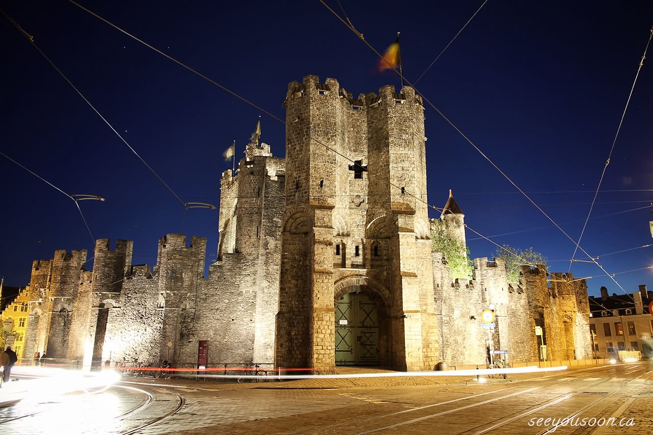 Front View Of The Gravensteen At Night