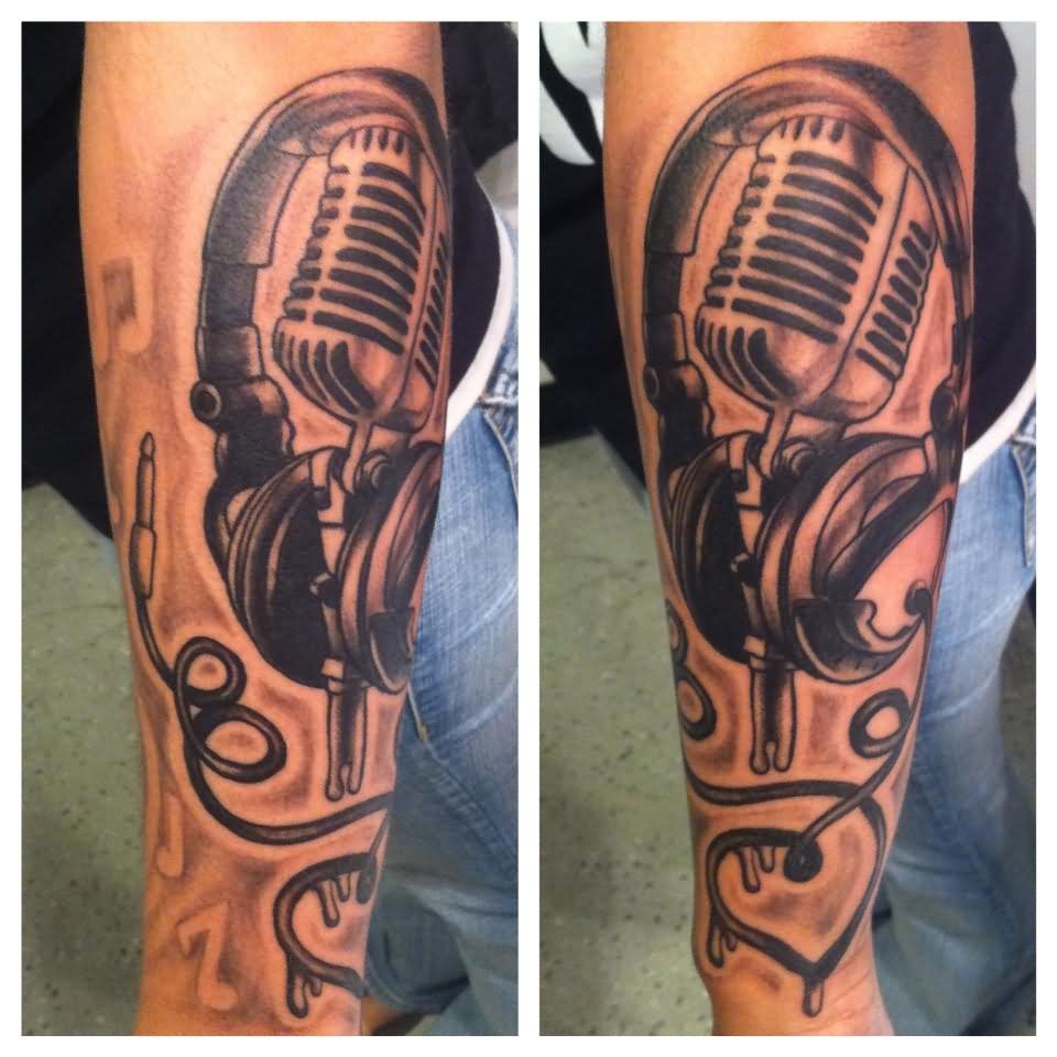 Full Sleeve Grey Ink Microphone And Headphone Tattoo