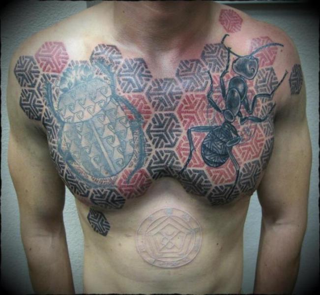 Geometric Dotwork And Ant Tattoo On Man Chest