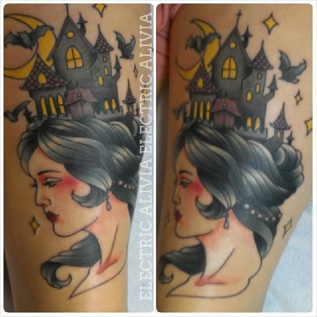 Girl Portrait And Traditional Haunted House Tattoo