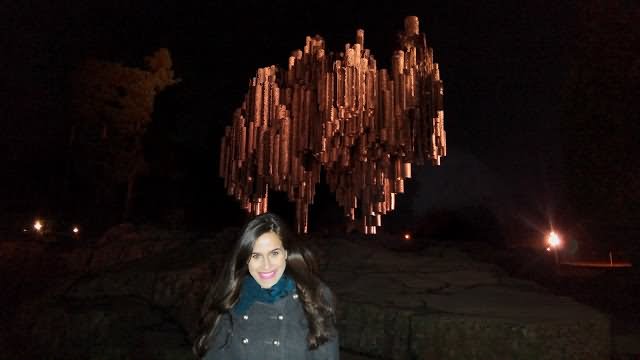 Girl Standing In Front Of The Sibelius Monument At Night
