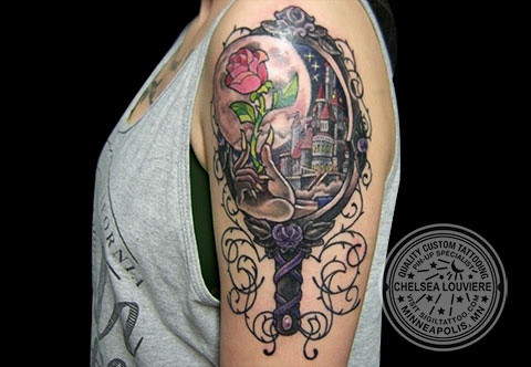Girly Mirror Tattoo On Left Shoulder
