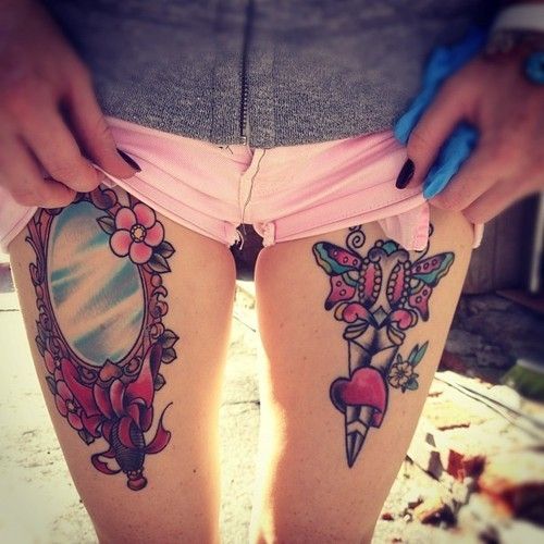 Girly Mirror Tattoo On Right Thigh