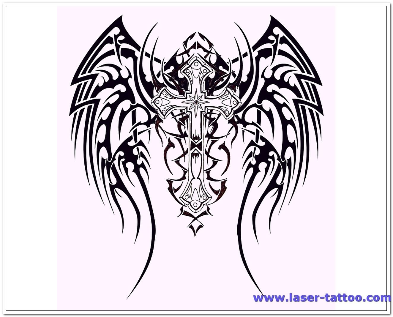 Gothic Cross With Tribal Wings Tattoo Design