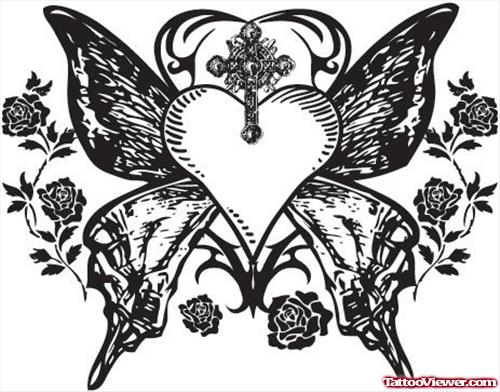 Gothic Heart With Butterfly Wings And Roses Tattoo Design
