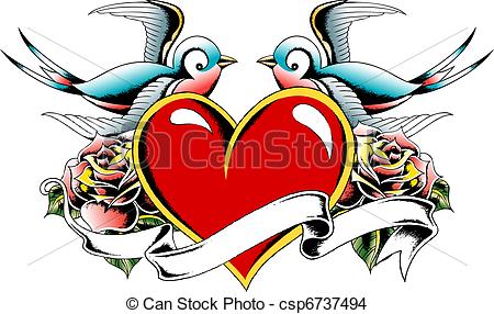 Gothic Heart With Roses And Flying Birds Tattoo Design