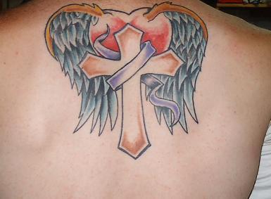 Gothic Heart With Wings And Cross Tattoo Design For Upper Back