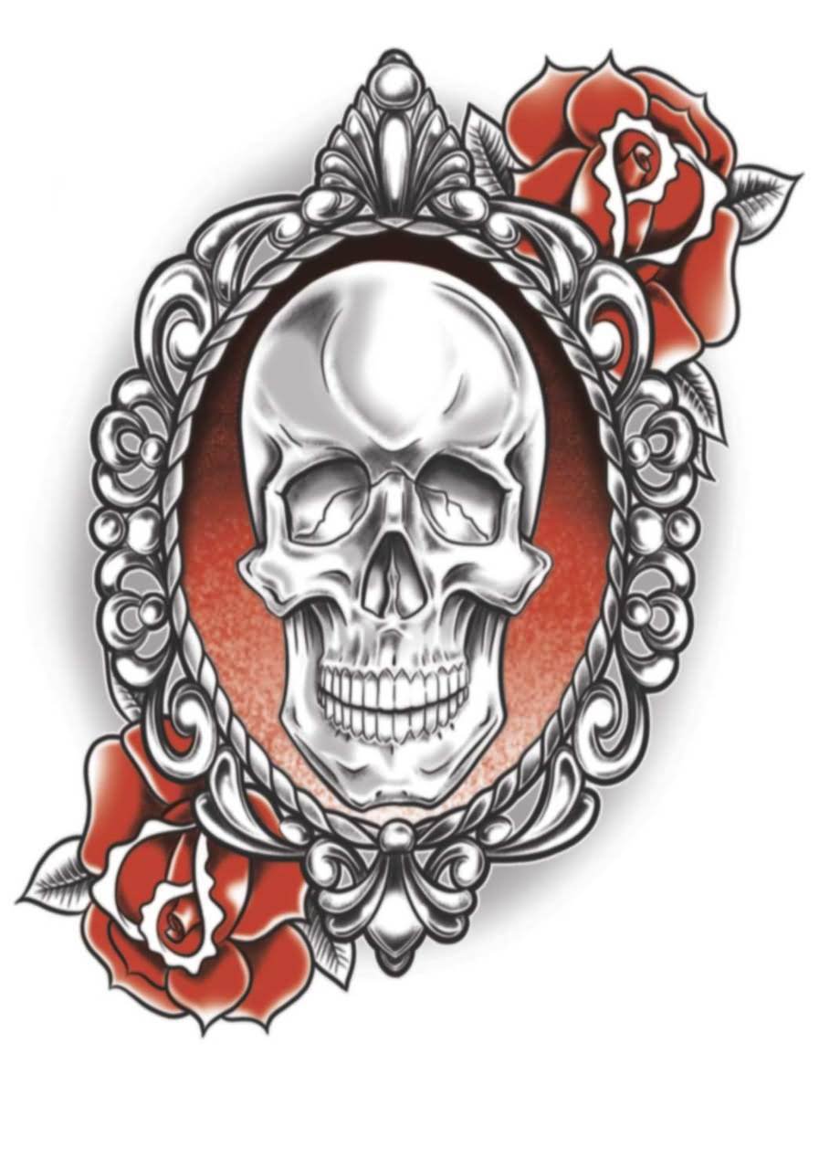 Gothic Skull In Frame With Roses Tattoo Design.