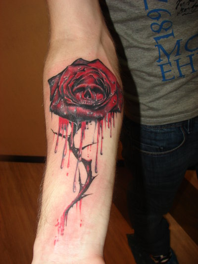 Gothic Skull Rose Tattoo On Right Forearm