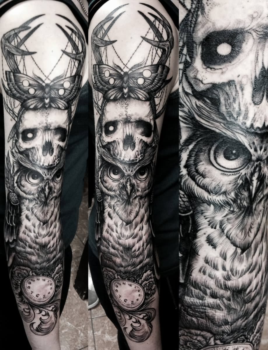 Gothic Skull With Owl And Pocket Watch Tattoo On Right Full Sleeve