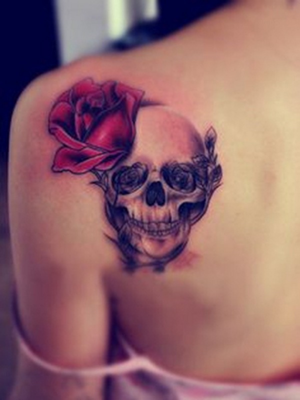 Gothic Skull With Red Rose Tattoo On Girl Left Back Shoulder By Batjas88