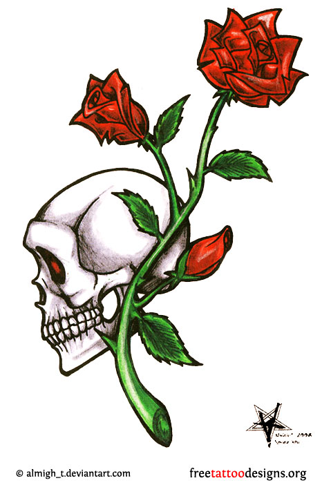 Gothic Skull With Roses Tattoo Design