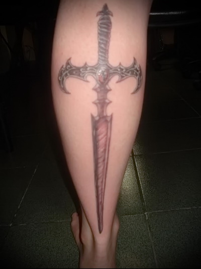 Gothic Sword Tattoo On Leg Calf