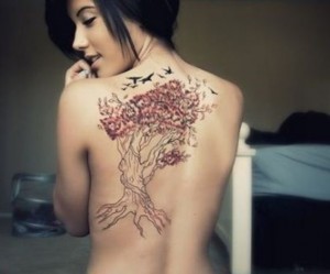 Gothic Tree Tattoo On Girl Upper Back
