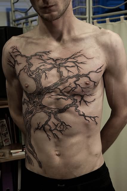Gothic Tree Without Leaves Tattoo On Man Full Body