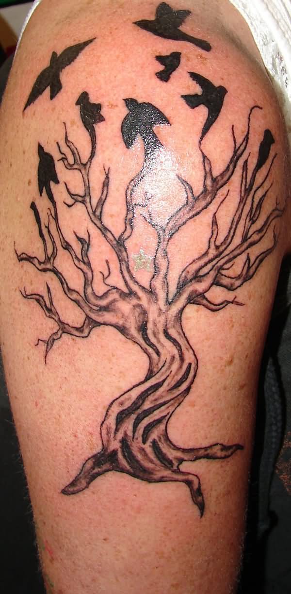 Gothic Tree Without Leaves With Flying Birds Tattoo Design For Half Sleeve