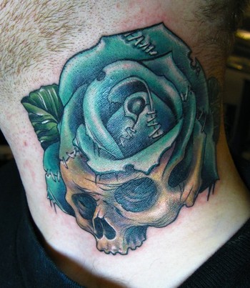 Green Rose With Skull Tattoo On Neck