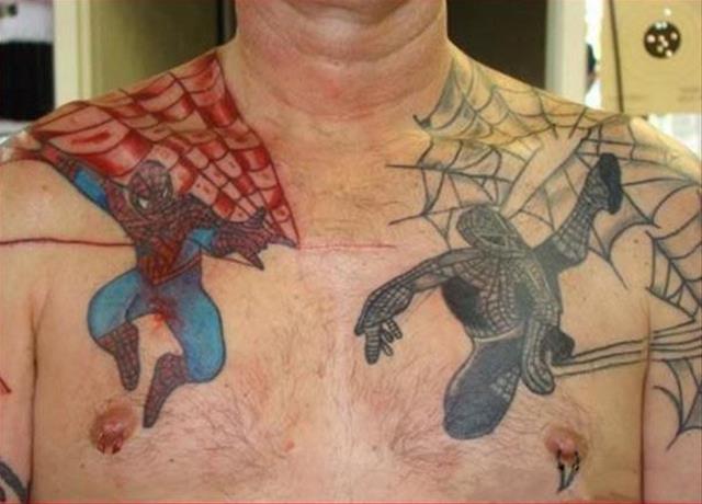 Grey And Colored Spiderman Tattoos On Collar Bones