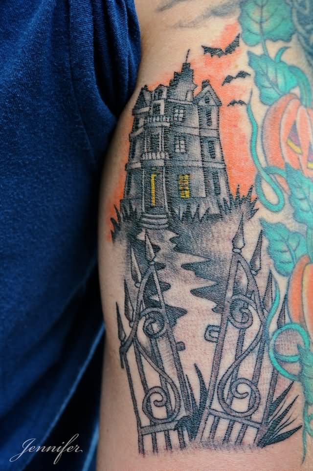 Grey Haunted House Tattoo On Leg Calf