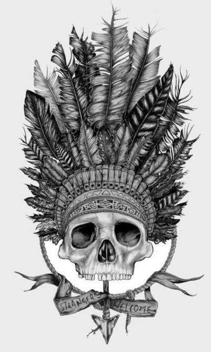 Grey Ink 3D Indian Chief Skull With Arrow And Banner Tattoo Design