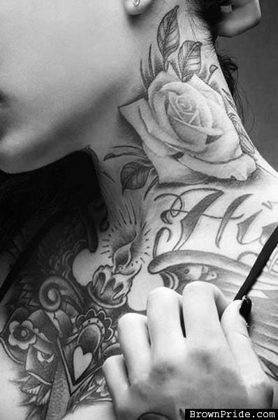Grey Ink 3D Rose Tattoo On Girl Side Neck