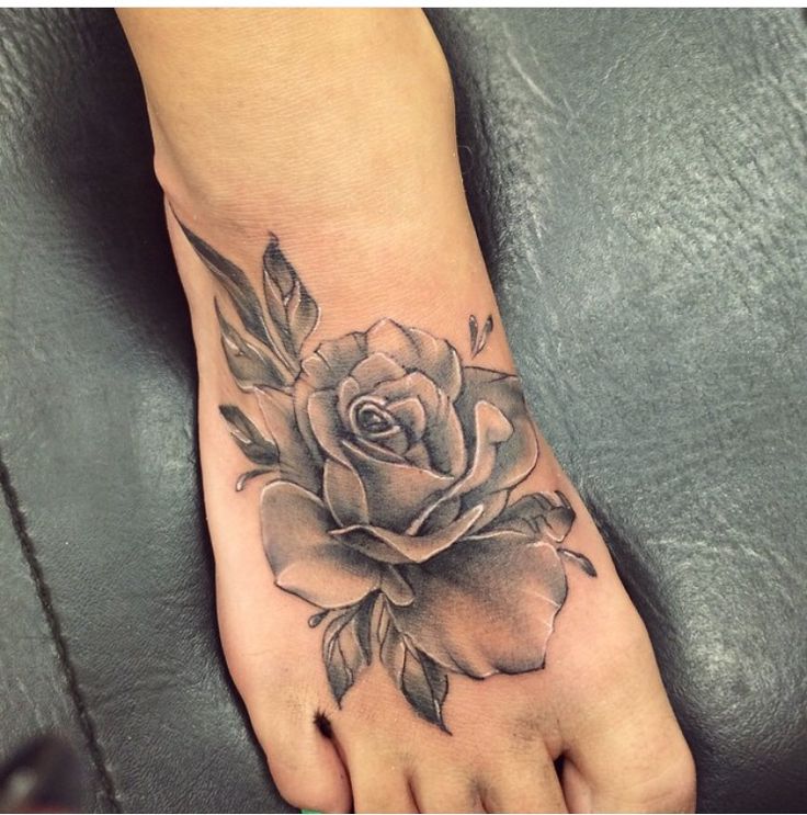 Grey Ink 3D Rose Tattoo On Right Foot