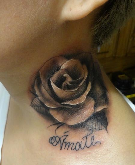 Grey Ink 3D Tattoo On Side Neck