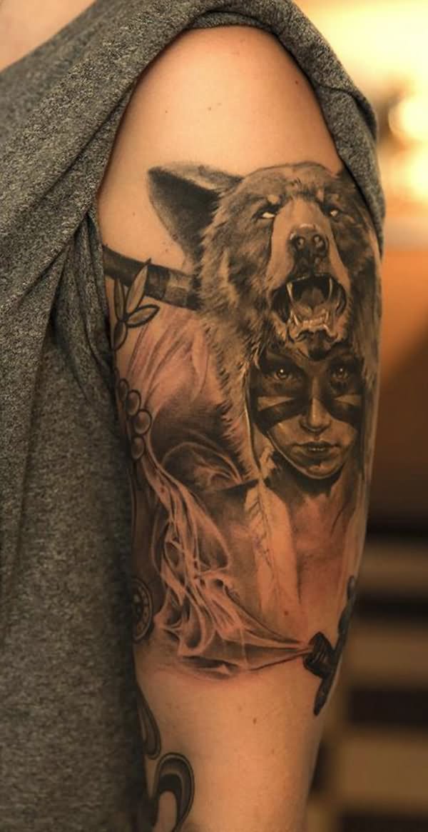 Grey Ink 3D Wolf Head Indian Chief Tattoo On Left Half Sleeve