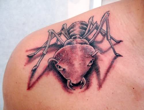 Grey Ink Ant Tattoo On Right Shoulder