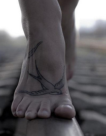 Grey Ink Bird Tattoo On Right Foot