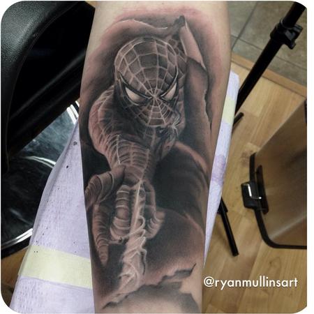 Grey Ink Black Spiderman Tattoo On Forearm