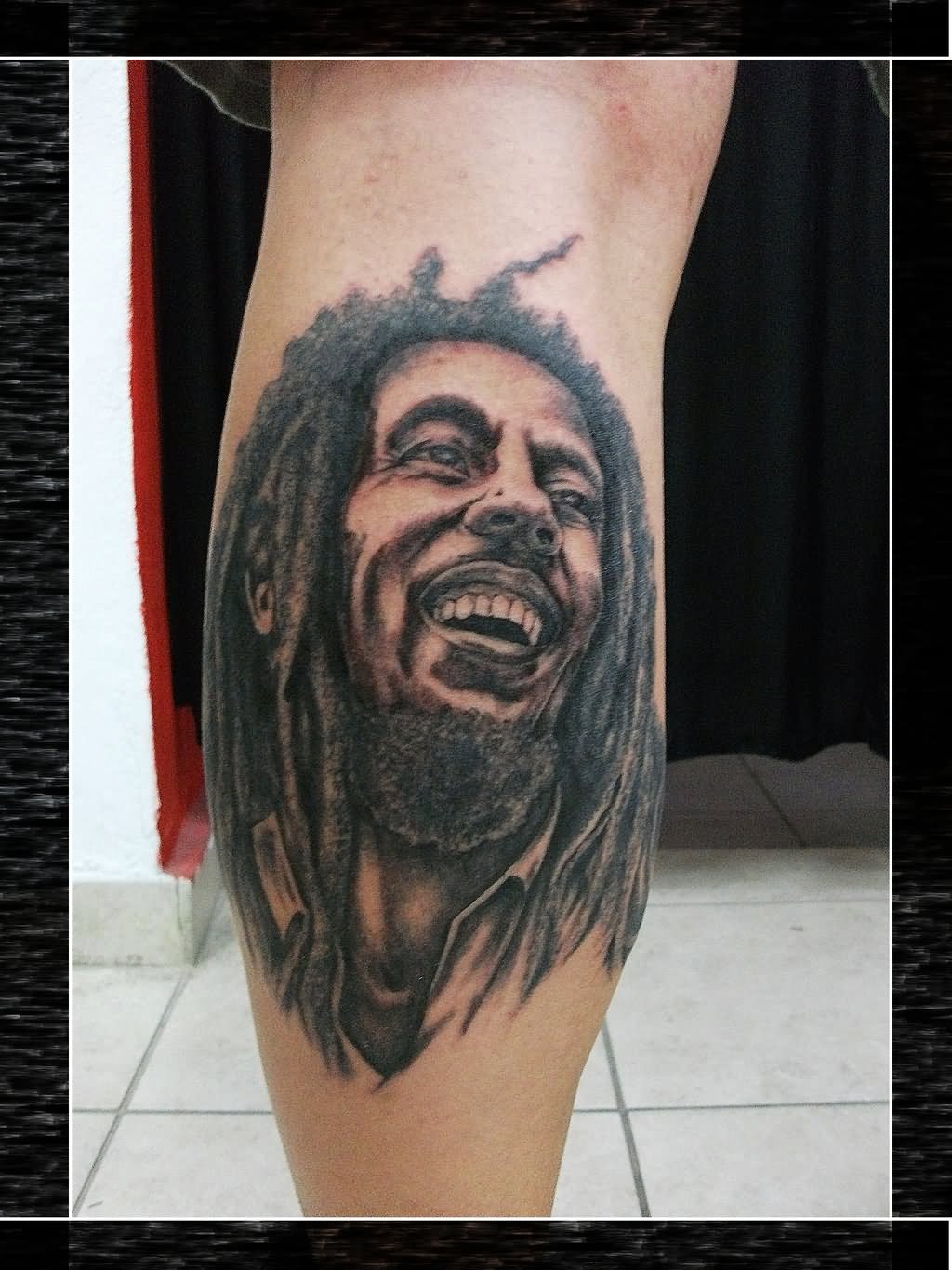 Grey Ink Bob Marley Leg Calf Tattoo by Kreolla