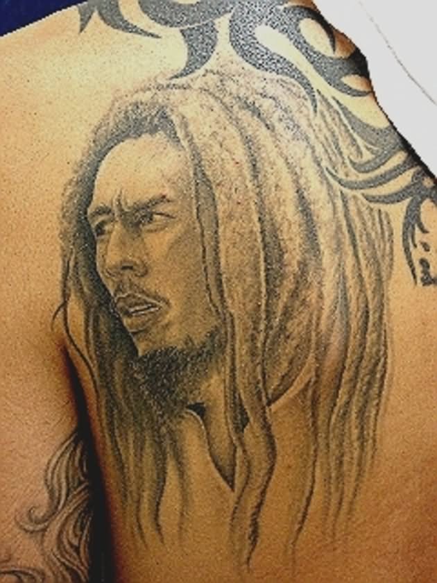 Grey Ink Bob Marley Tattoo On Left Back Shoulder