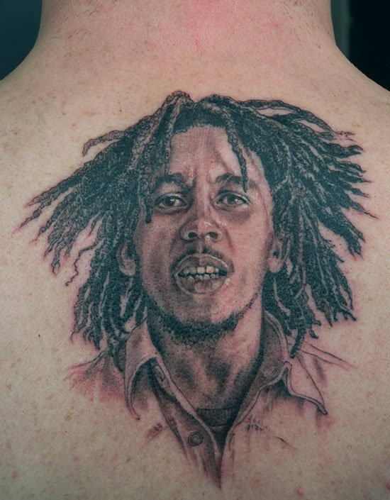Grey Ink Bob Marley Tattoo On Upper Back