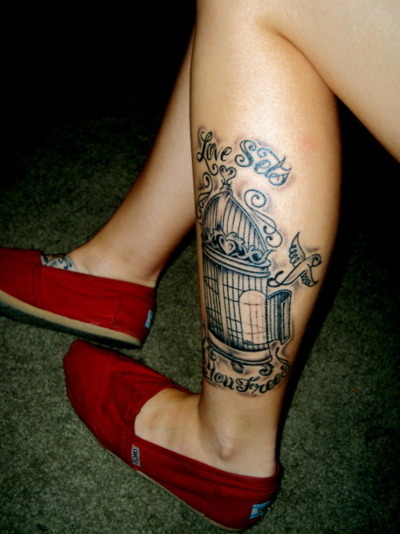 Grey Ink Cage Tattoo On Left Leg