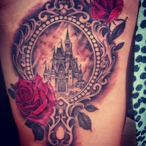 Grey Ink Castle Hand Mirror And Rose Flowers Tattoo
