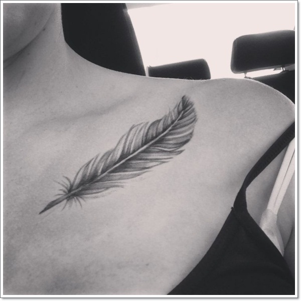 Grey Ink Feather Tattoo On Girl Collar Bone