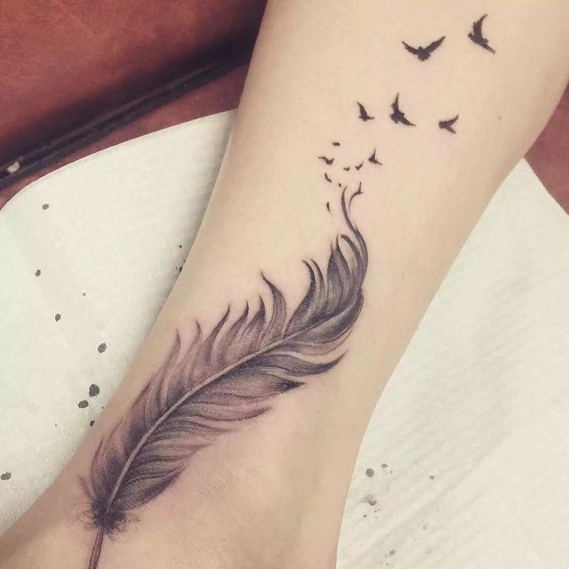 Grey Ink Feather With Flying Birds Tattoo Design For Ankle