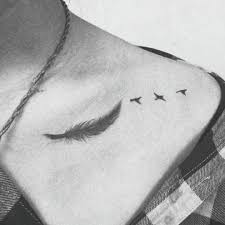 Grey Ink Feather With Flying Birds Tattoo On Collar Bone