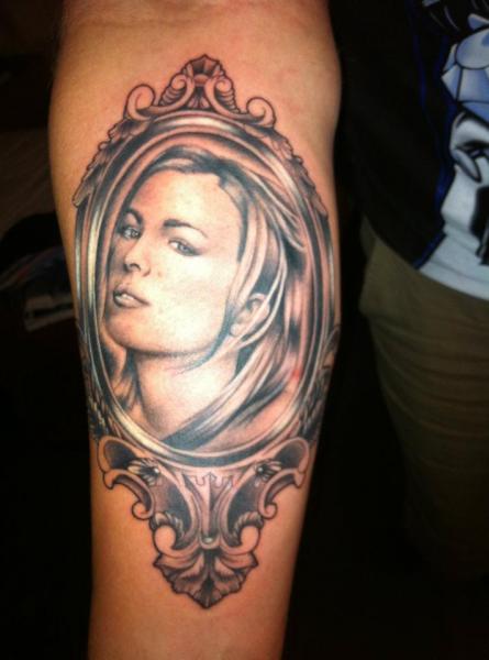Grey Ink Girl Portrait Hand Mirror Tattoo On Forearm