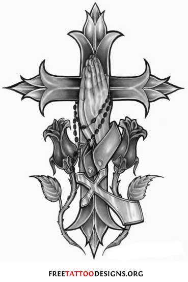 Grey Ink Gothic Cross With Praying Hands And Rose Tattoo Design