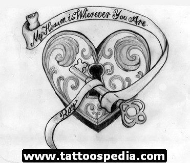 Grey Ink Gothic Heart With Key And Banner Tattoo Design