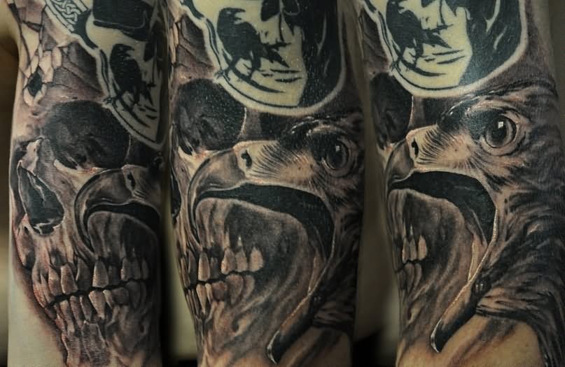 Grey Ink Gothic Skull With Eagle Head Tattoo Design