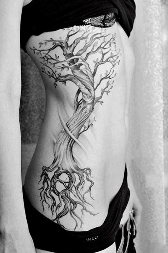Grey Ink Gothic Tree Tattoo On Girl Right Side Rib