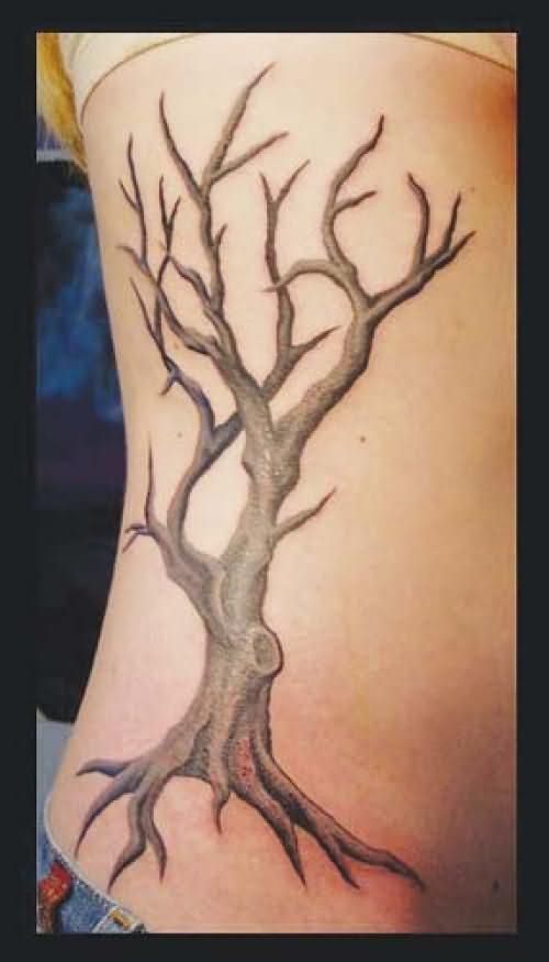 Grey Ink Gothic Tree Without Leaves Tattoo Design For Side Rib