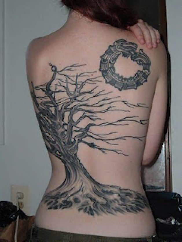 Grey Ink Gothic Tree Without Leaves Tattoo On Girl Full Back