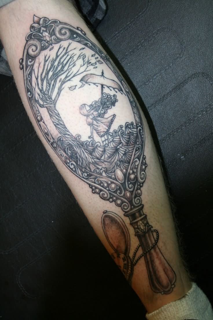 Grey Ink Hand Mirror Tattoo On Leg Calf