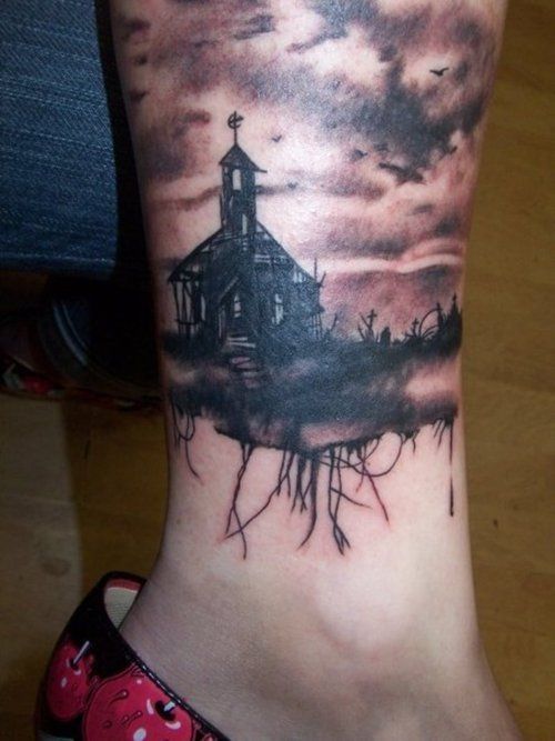 Grey Ink Haunted Graveyard Tattoo On Leg