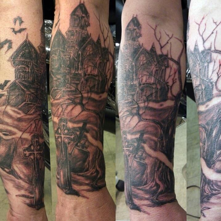 Grey Ink Haunted House Tattoo On Arm