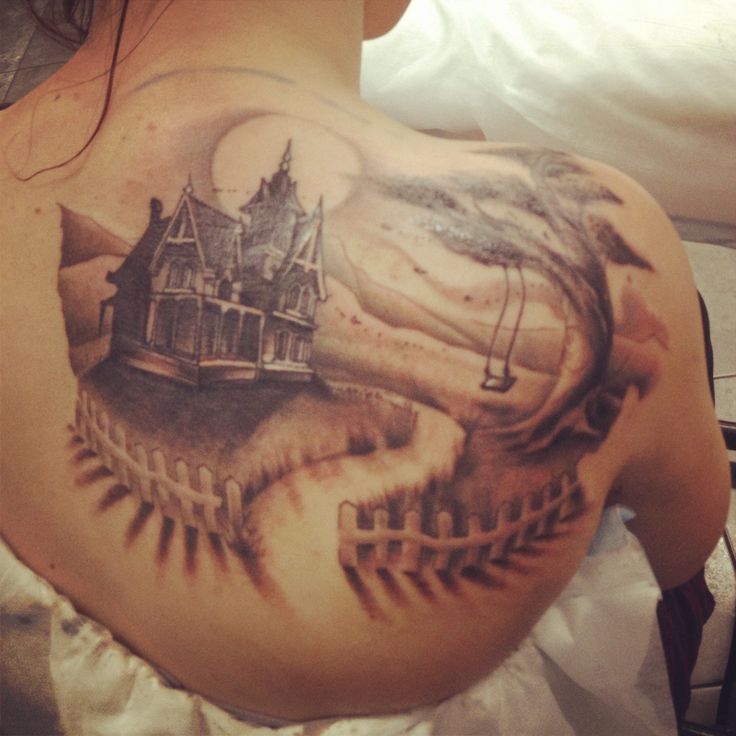 Grey Ink Haunted House Tattoo On Back
